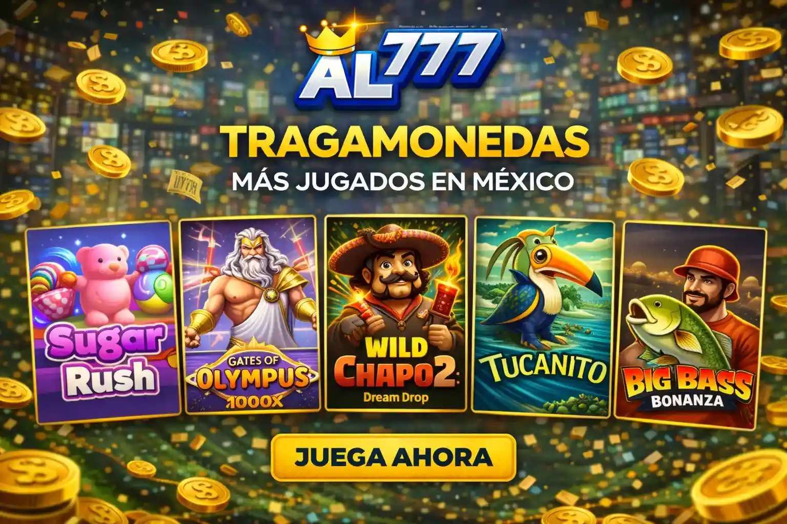 Pantalla de casino online AL777 con tragamonedas populares en México