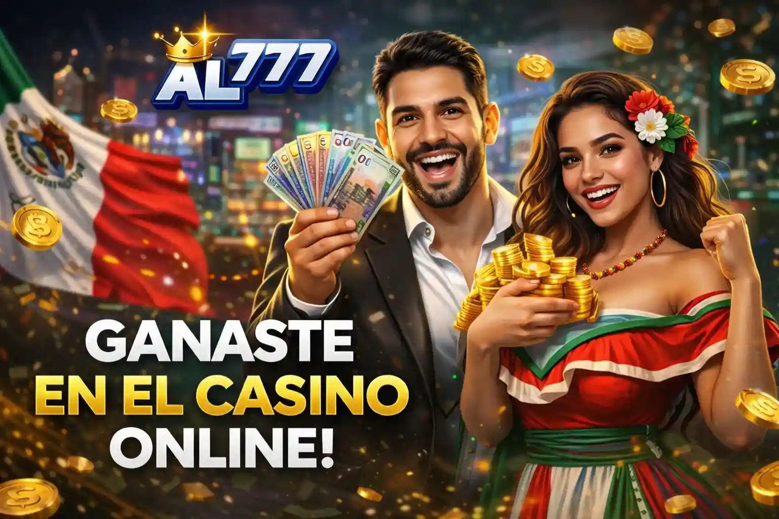 Pareja feliz celebrando ganancias en casino en línea AL777 México